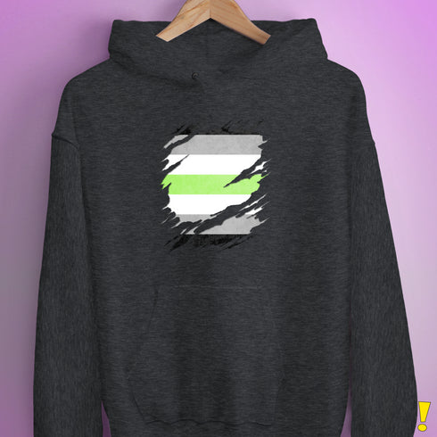 Agender Pride Flag Ripped Reveal Hoodie - Dark Grey Heather